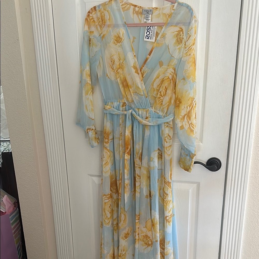 Yellow and Blue Long Sleeve V-Neck Sundress for Wedding Guests